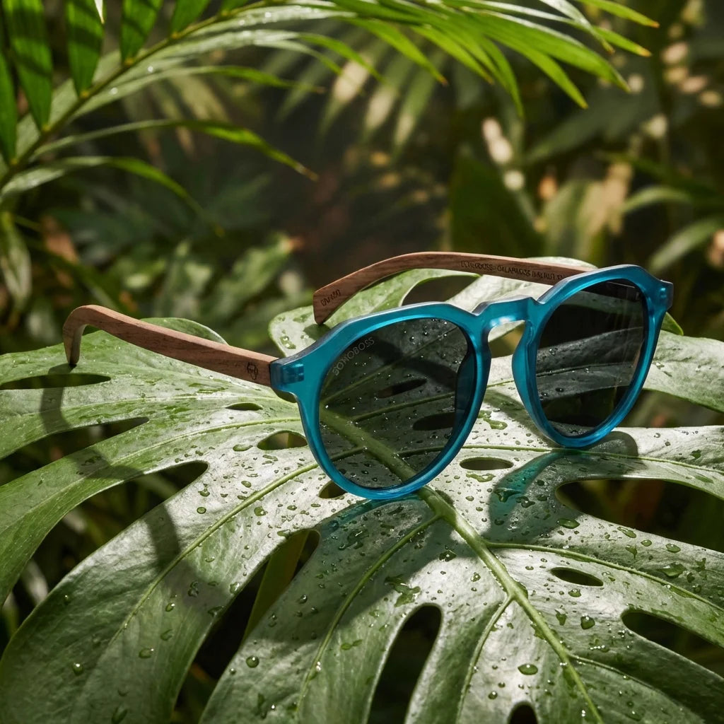 Lenses sun galapagos polarized UV400 acetate wood gradient black sobre superficie metal brushed industrial bonoboss #editorial_grid1 #color_gradiente-black