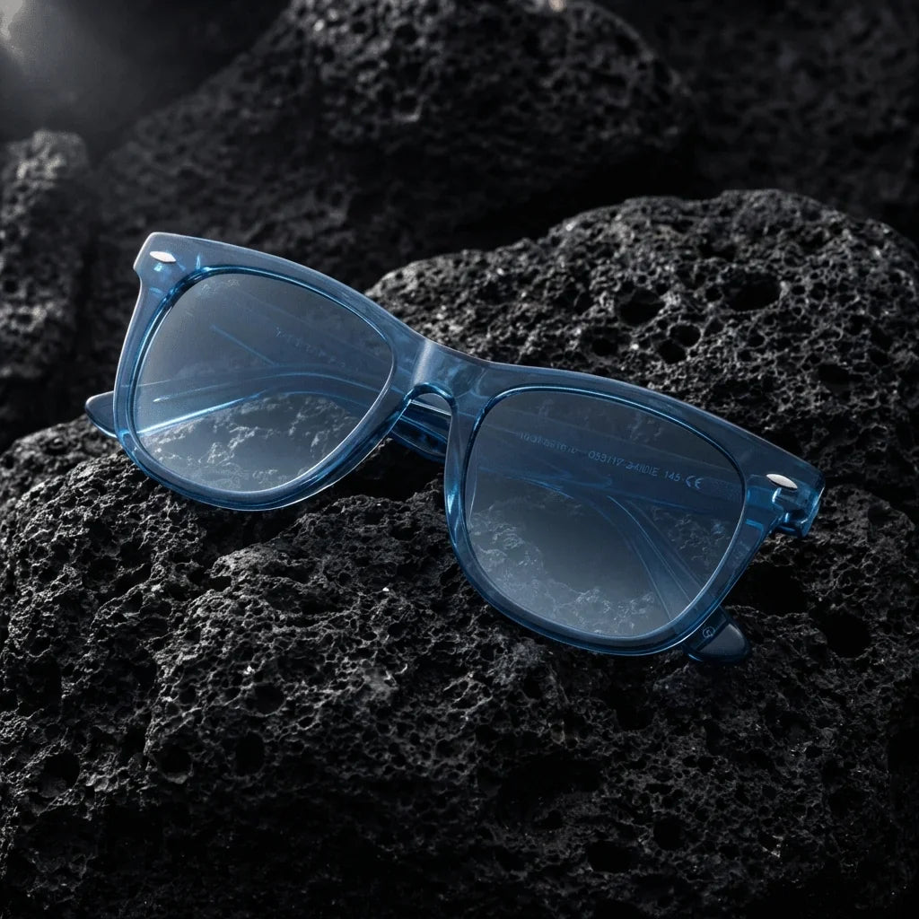 Lentes sol Valencia polarizados UV400 acetato wayfarer azul sobre roca volcanica contraste frio natural Bonoboss #editorial_grid1 #color_azul