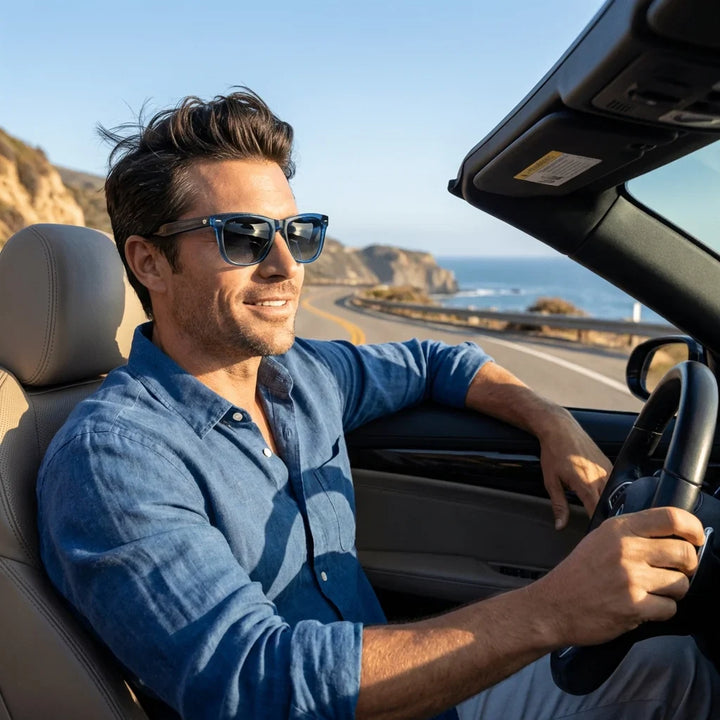 Men wearing lenses sun valencia acetate polarized red driving ruta costera UV protection400 bonoboss #editorial_banner #color_rojo