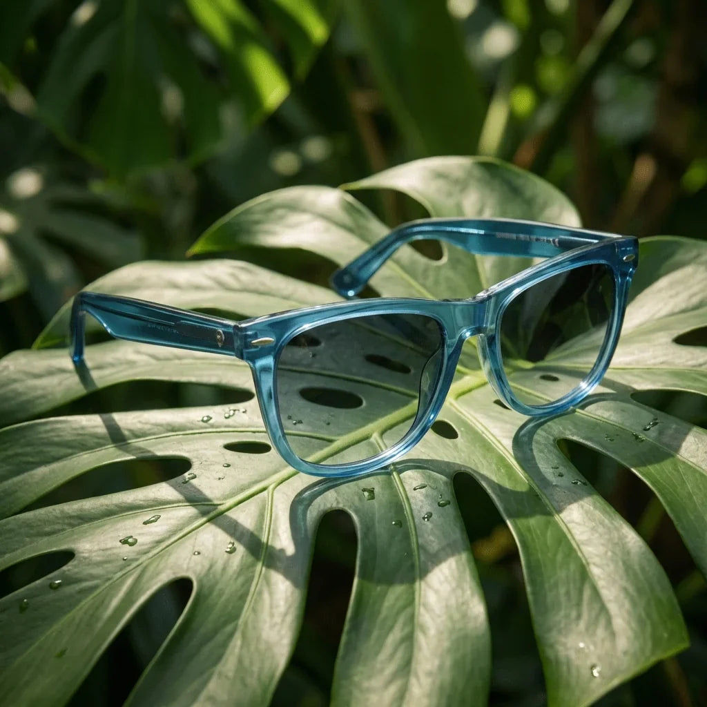 Lentes sol Valencia polarizados acetato wayfarer azul entre hojas monstera botanico tonos frescos Bonoboss #editorial_grid2 #color_azul