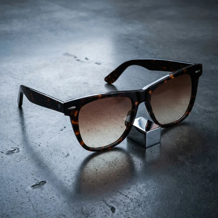 Lenses sun valencia polarized UV400 acetate wayfarer tortoise sobre concreto urbano tonos calidos ciudad bonoboss #editorial_polarizado #color_carey