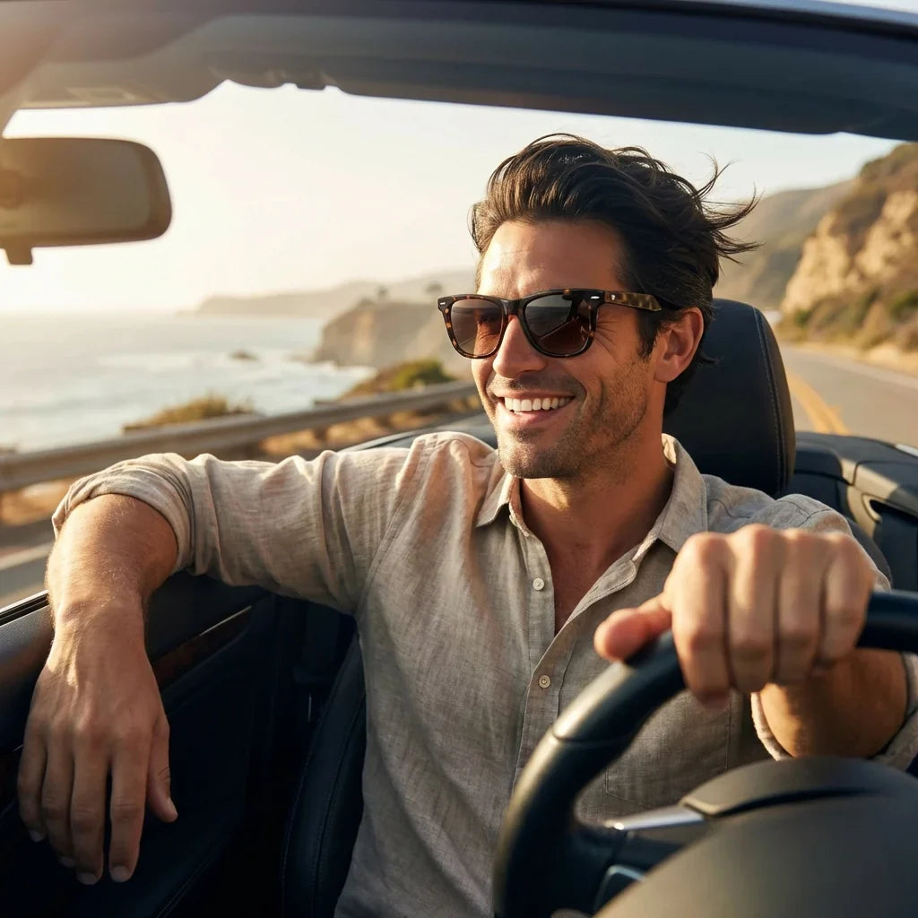 Hombre usando lentes sol Valencia acetato polarizados carey conduciendo ruta costera estilo clasico Bonoboss #editorial_banner #color_carey