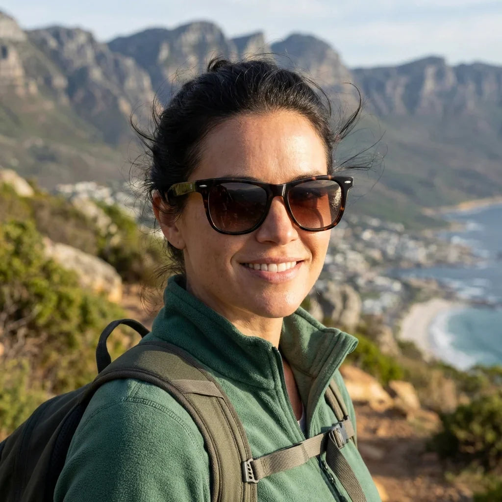Mujer usando lentes sol Valencia acetato polarizados carey aventura outdoor sendero naturaleza Bonoboss #editorial_sustentabilidad #color_carey