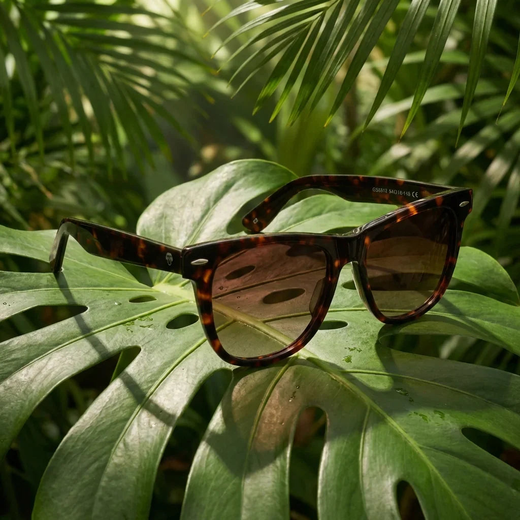 Lentes sol Valencia polarizados acetato wayfarer carey entre hojas tropicales botanico tonos tierra Bonoboss #editorial_grid2 #color_carey