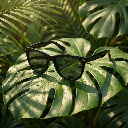 Lentes sol Valencia polarizados acetato wayfarer negro sobre hoja tropical botanico frescura natural Bonoboss #editorial_grid2 #color_negro
