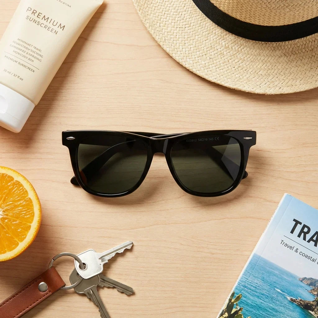 Lenses sun valencia polarized acetate wayfarer red sobre vegetacion tropical botanico vibrante natural bonoboss #editorial_grid2 #color_rojo