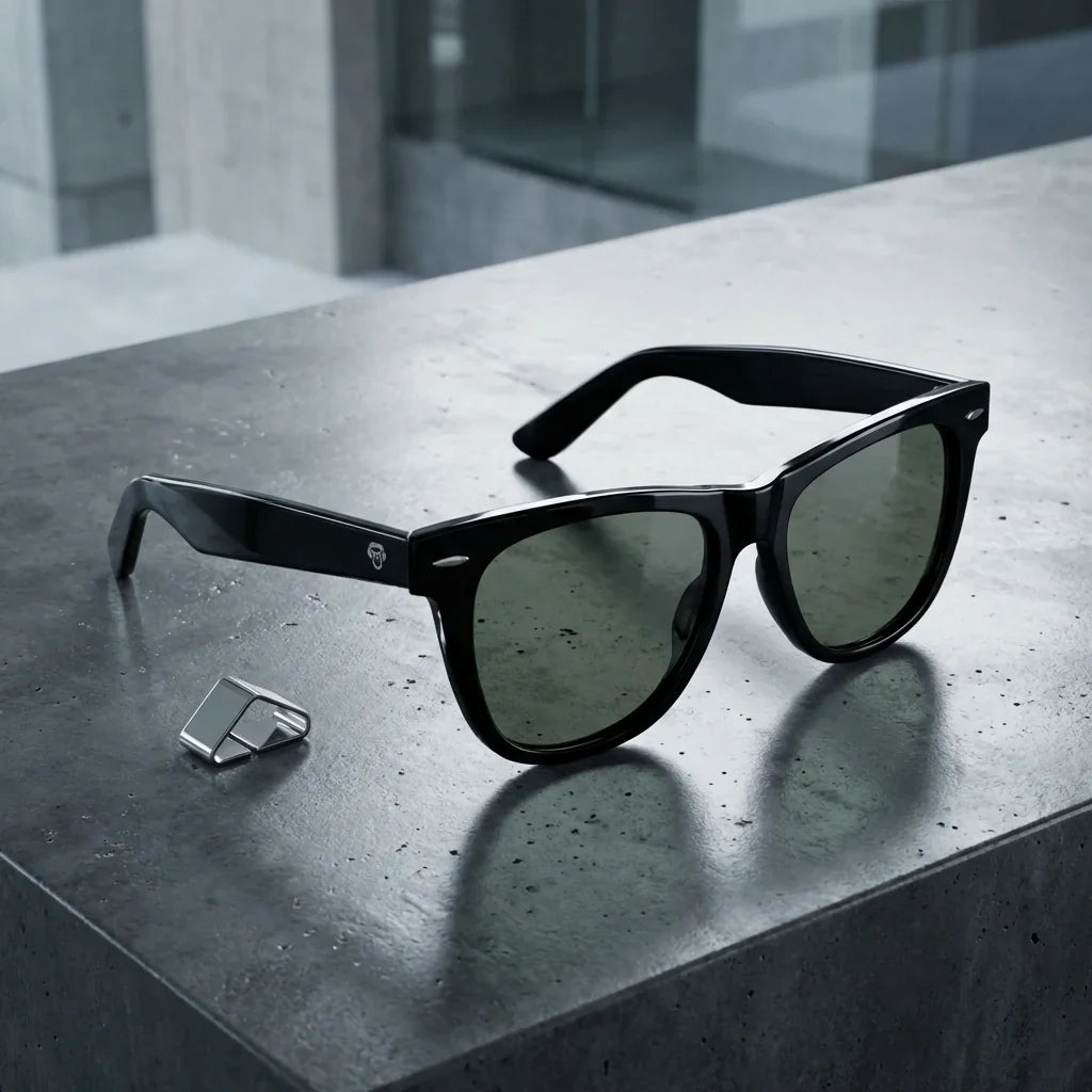 Lentes sol Valencia polarizados UV400 acetato wayfarer negro sobre concreto urbano estilo ciudad Bonoboss #editorial_polarizado #color_negro