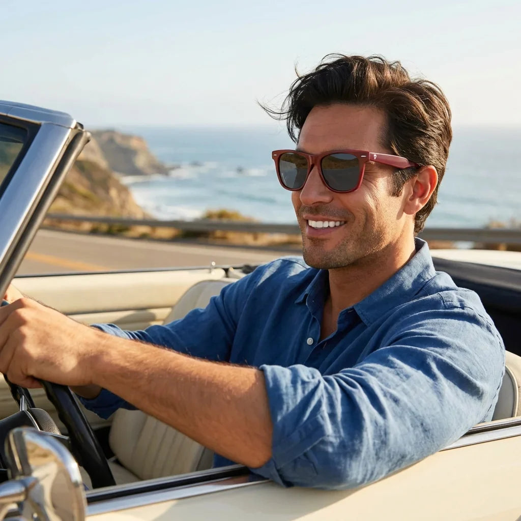 Men wearing lenses sun valencia acetate polarized black driving ruta costera sun protection bonoboss #editorial_banner #color_negro