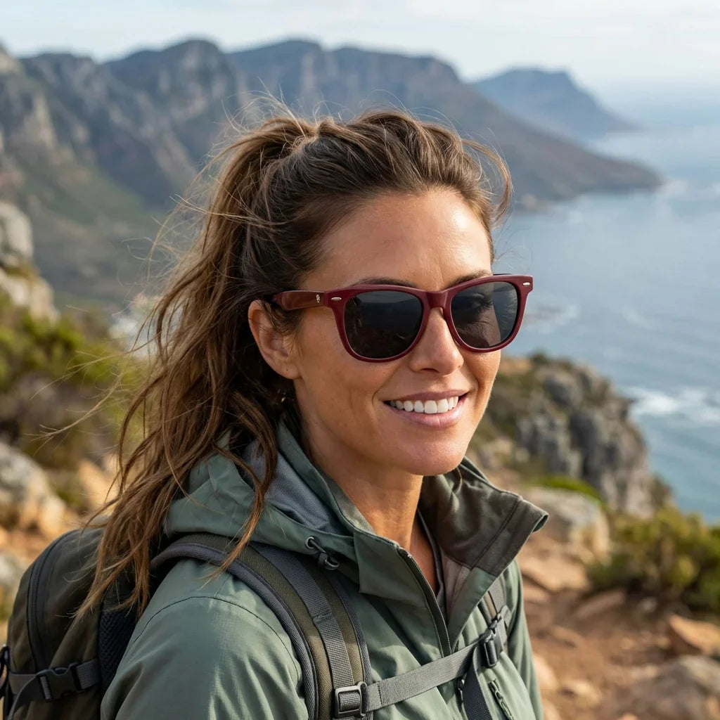 Women wearing lenses sun valencia acetate polarized red aventura outdoor naturaleza estilo audaz bonoboss #editorial_sustentabilidad #color_rojo