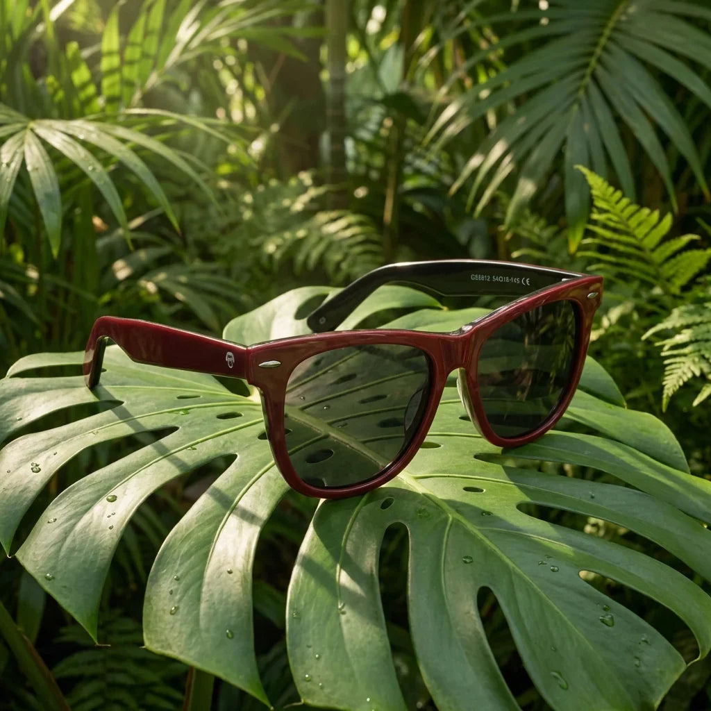 Lentes sol Valencia polarizados acetato wayfarer rojo sobre vegetacion tropical botanico vibrante natural Bonoboss #editorial_grid2 #color_rojo