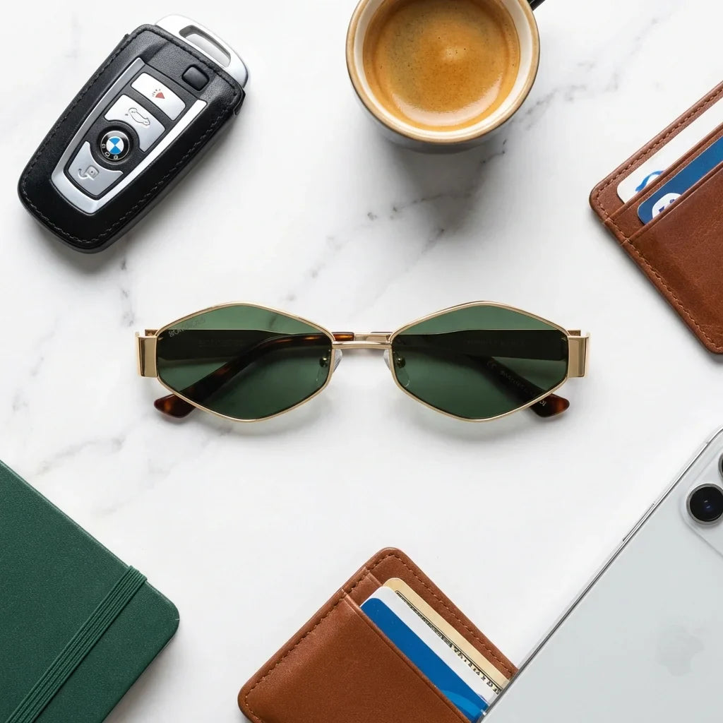 Lentes de sol UV400 Valkyrie en verde G15, primer plano del detalle, bioacetato y acero inoxidable #editorial_detail2 #color_g15