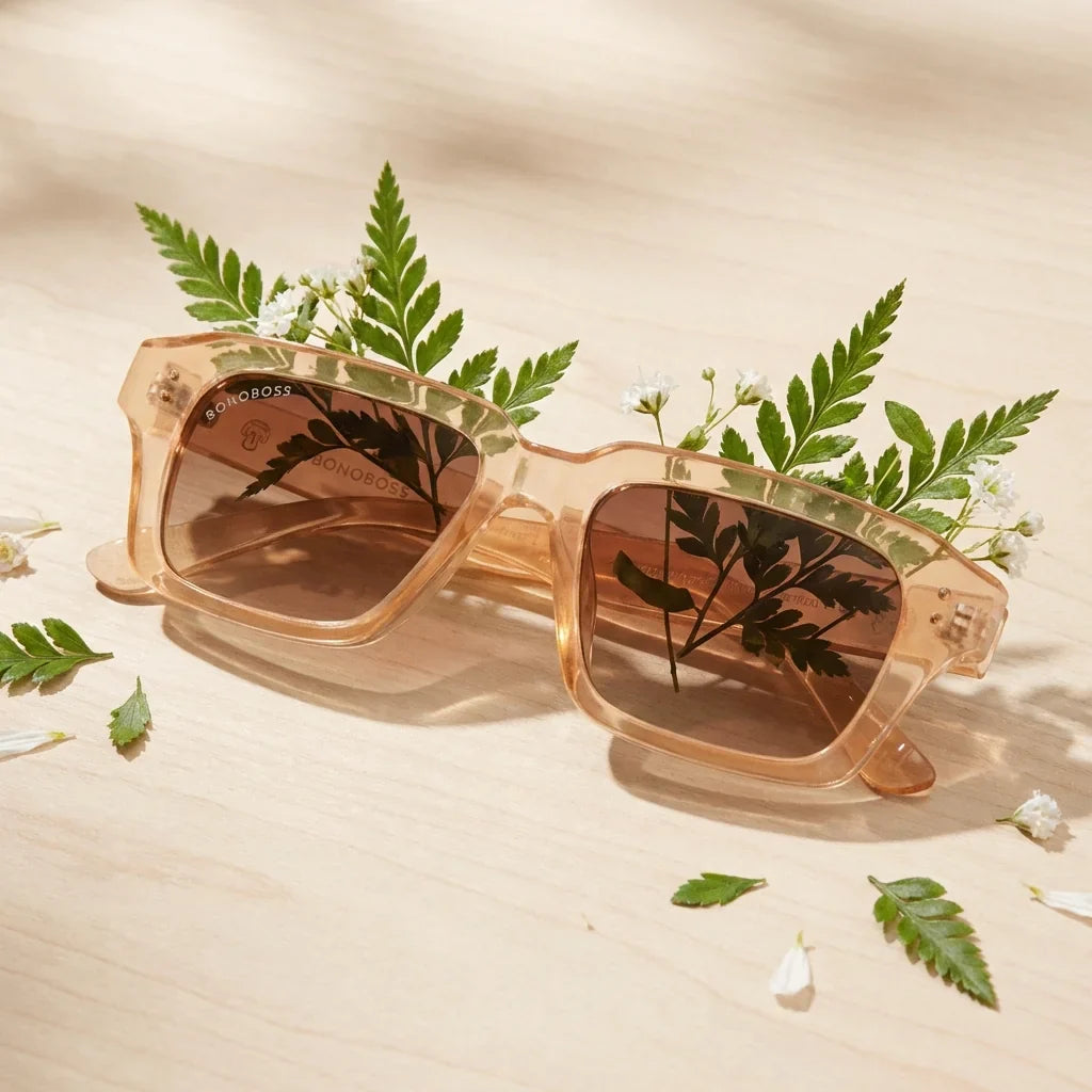 Lenses sun verona polarized rpet recycled of the oceano champagne entre hojas botanicas lens detail green bonoboss #editorial_grid2 #color_champagne