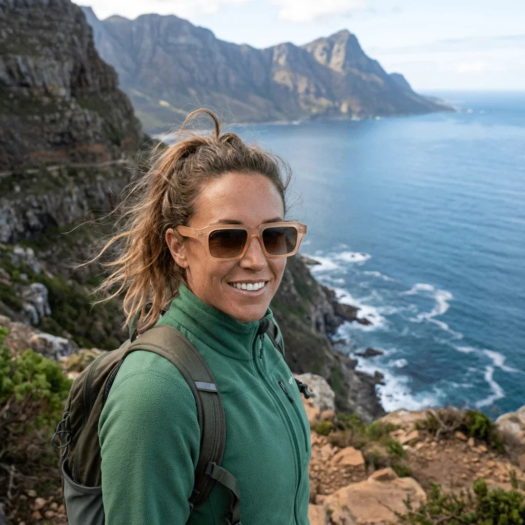 Women wearing lenses sun verona rpet recycled of the oceano polarized champagne aventura outdoor naturaleza bonoboss #editorial_sustentabilidad #color_champagne