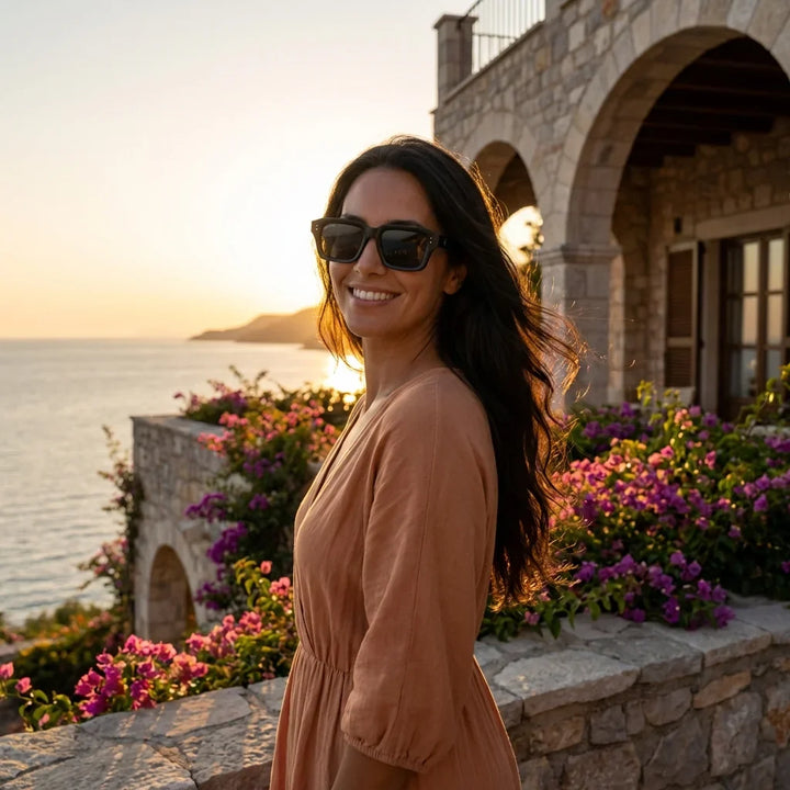 Women wearing lenses sun verona rpet recycled of the oceano polarized dark atardecer golden hour sofisticada bonoboss #editorial_banner #color_dark