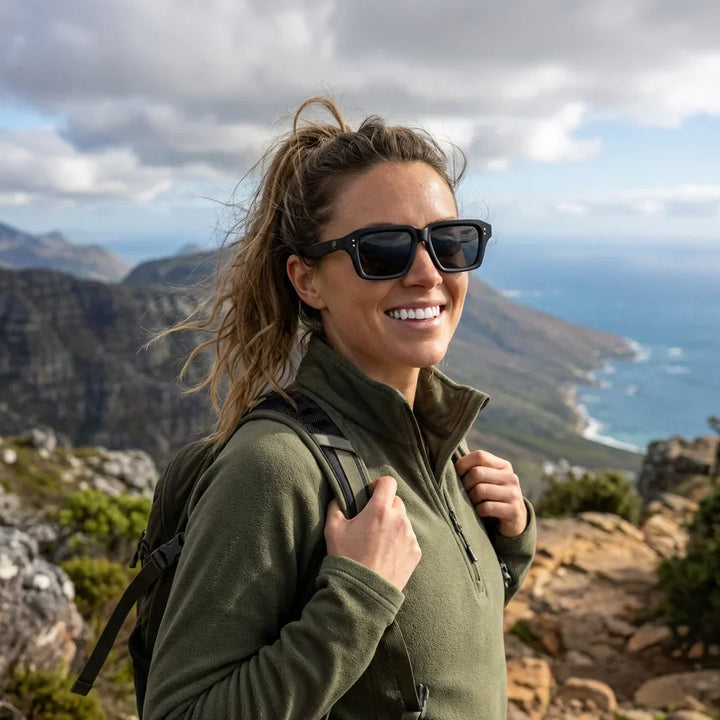 Women wearing lenses sun verona rpet recycled of the oceano polarized dark sendero aventura eco-consciente bonoboss #editorial_sustentabilidad #color_dark