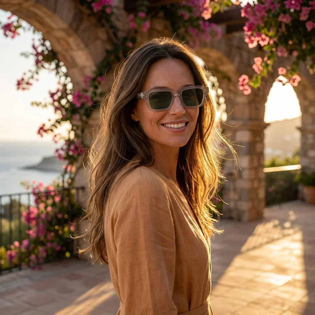 Women wearing lenses sun verona rpet recycled of the oceano polarized lente g15 green golden hour natural bonoboss #editorial_banner #color_g15