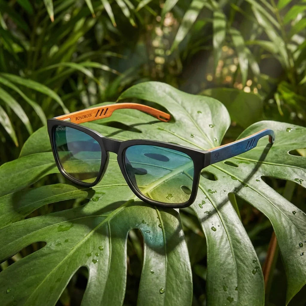 Lentes sol Waimea polarizados UV400 lente degrade azul entre hojas tropicales botanico naturaleza verde Bonoboss #editorial_banner #color_degrade-azul