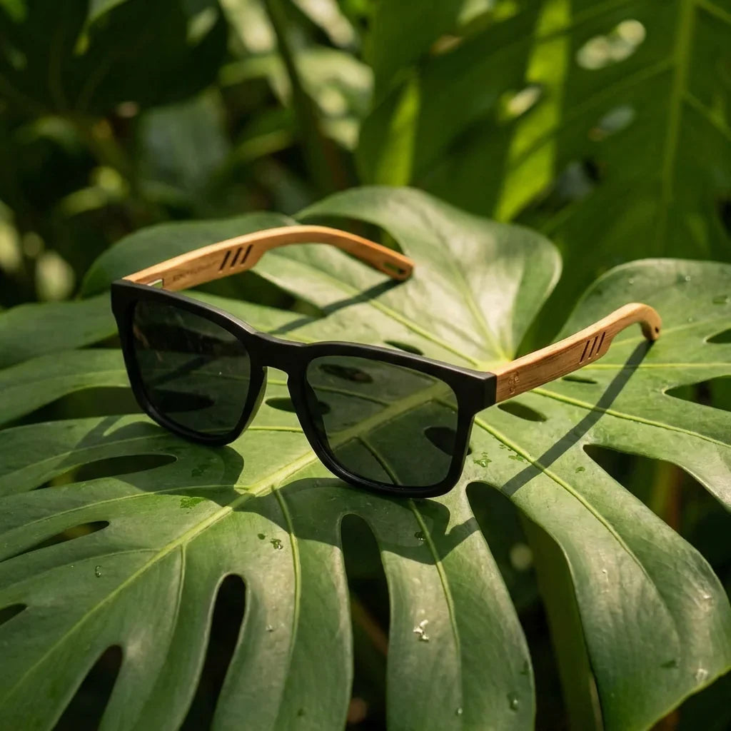 Lentes sol Waimea polarizados UV400 negro entre hojas verdes botanico tropical proteccion solar diaria Bonoboss #editorial_banner #color_negro