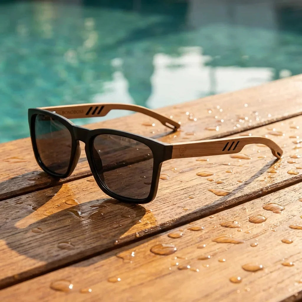 Lentes sol Waimea polarizados UV400 negro sobre madera teca con agua cristalina reduce reflejos Bonoboss #editorial_polarizado #color_negro