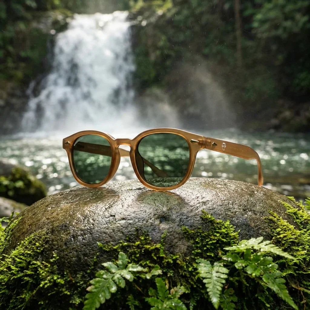 Lentes sol Waimea polarizados RPET reciclado del oceano brown en naturaleza junto a cascada material sustentable Bonoboss #editorial_sustentabilidad #color_brown