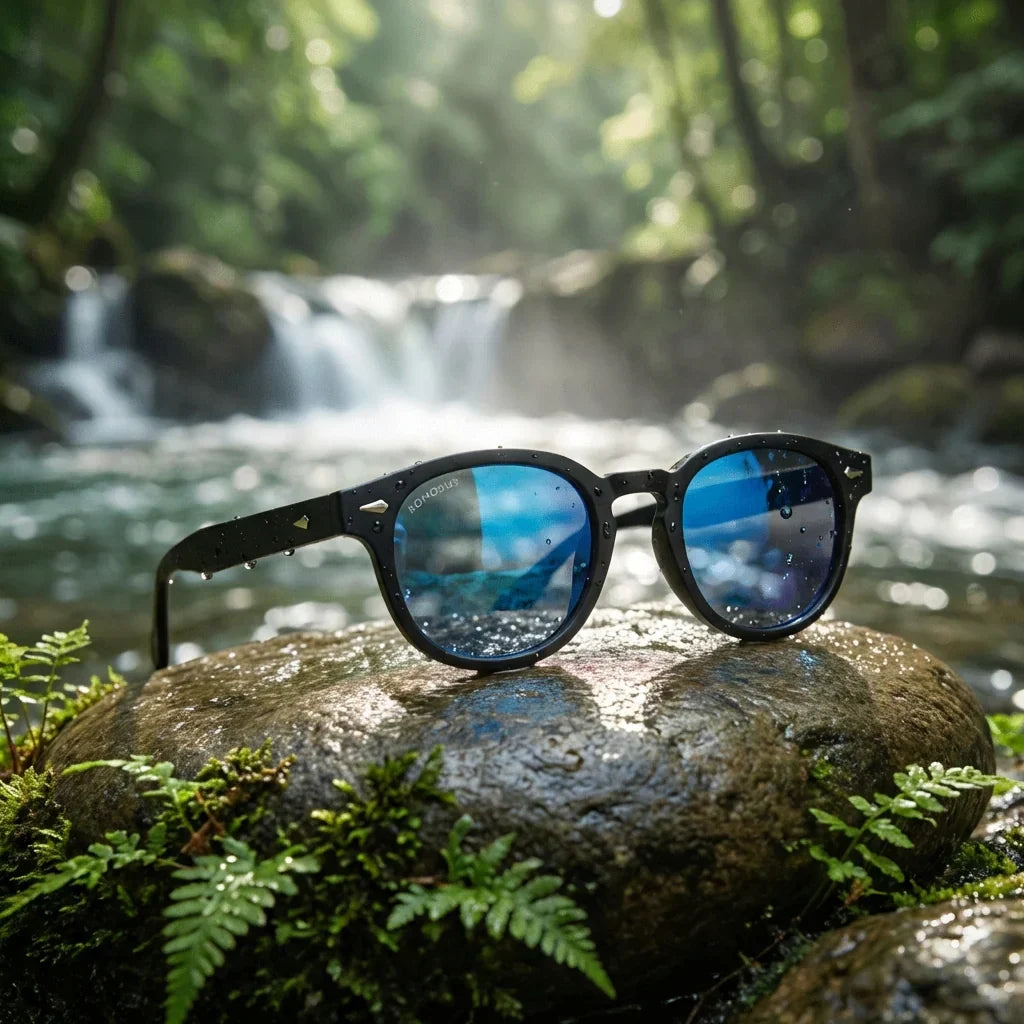 Lentes sol Waimea polarizados RPET reciclado del oceano dark sky en naturaleza junto a cascada material sustentable Bonoboss #editorial_sustentabilidad #color_espejado-azul