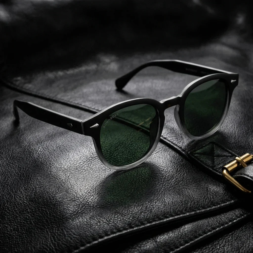 Lentes sol Waimea polarizados RPET reciclado del oceano lente G15 verde sobre cuero negro detalle brass premium Bonoboss #editorial_grid1 #color_g15