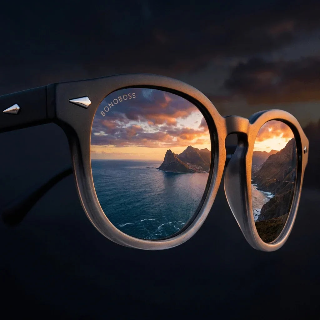 Lentes sol Waimea polarizados UV400 marco RPET reciclado del oceano lente G15 verde close-up reflejo paisaje costero Bonoboss #editorial_polarizado #color_g15