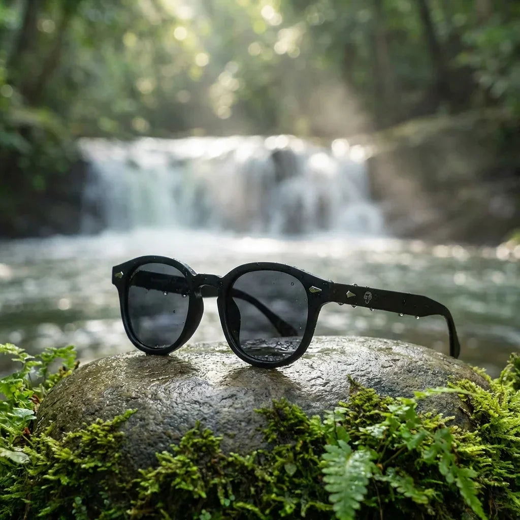 Lentes sol Waimea polarizados RPET reciclado del oceano negro en naturaleza junto a cascada material sustentable Bonoboss #editorial_sustentabilidad #color_negro