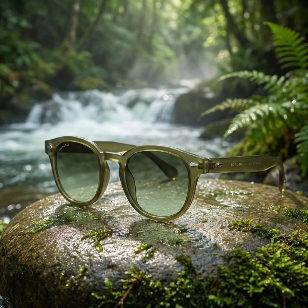 Lentes sol Waimea polarizados RPET reciclado del oceano olive light en naturaleza junto a cascada material sustentable Bonoboss #editorial_sustentabilidad #color_olive-light