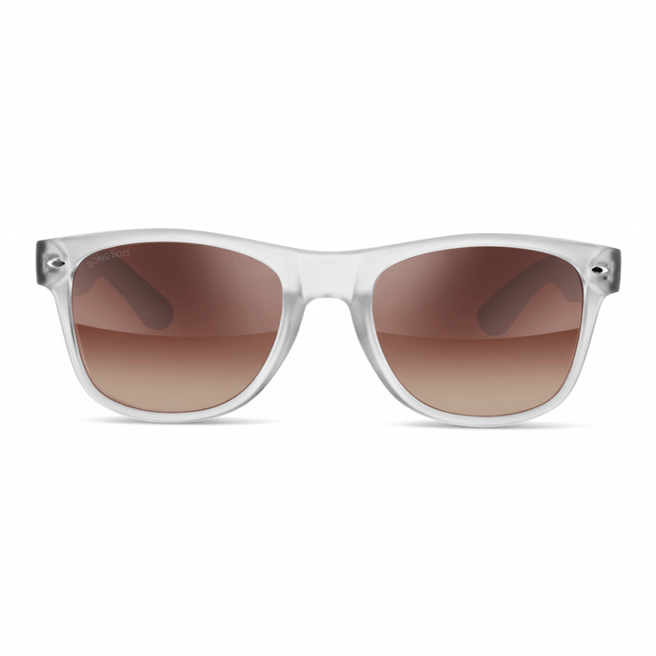 Sunglasses polarized recycled plastic corporate gift clear and cristales mirroreds front view with color lenses brown Bonoboss #color_transparente