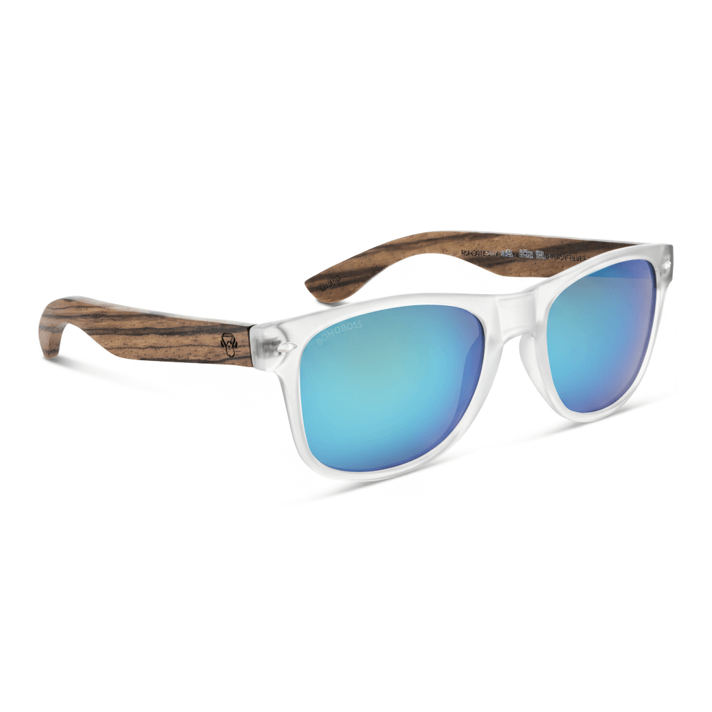 Sunglasses polarized recycled plastic corporate gift clear and cristales mirroreds angled view with wooden temples natural with color lenses blue mirrored Bonoboss #color_transparente