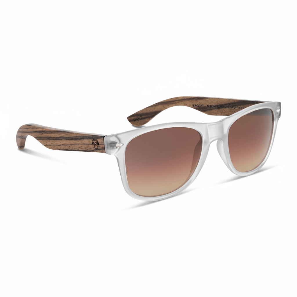 Sunglasses polarized recycled plastic corporate gift clear and cristales mirroreds angled view with wooden temples natural with color lenses brown Bonoboss #color_transparente