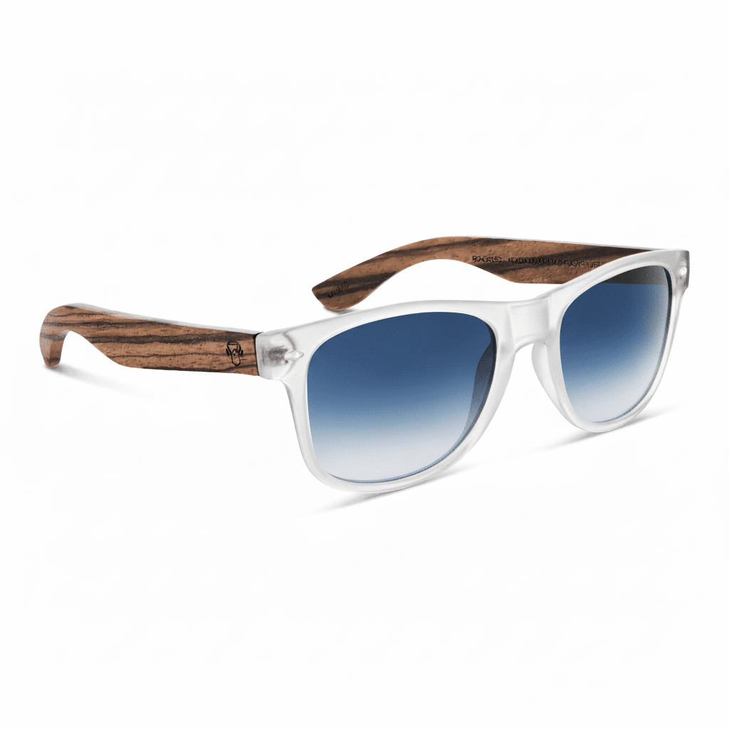 Sunglasses polarized recycled plastic corporate gift clear and cristales gradient blue angled with wooden temples natural with color lenses gradient blue Bonoboss #color_transparente