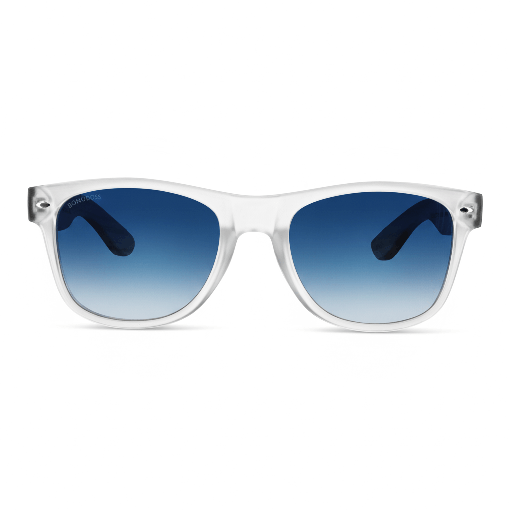Sunglasses polarized recycled plastic corporate gift clear and cristales gradient blue front view with color lenses gradient blue Bonoboss #color_transparente