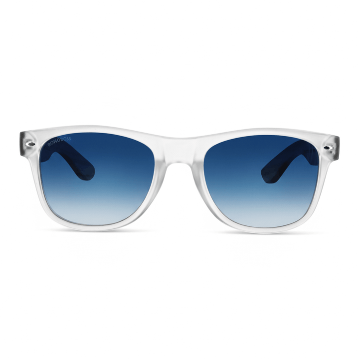 Sunglasses polarized recycled plastic corporate gift clear and cristales gradient blue front view with color lenses gradient blue Bonoboss #color_transparente