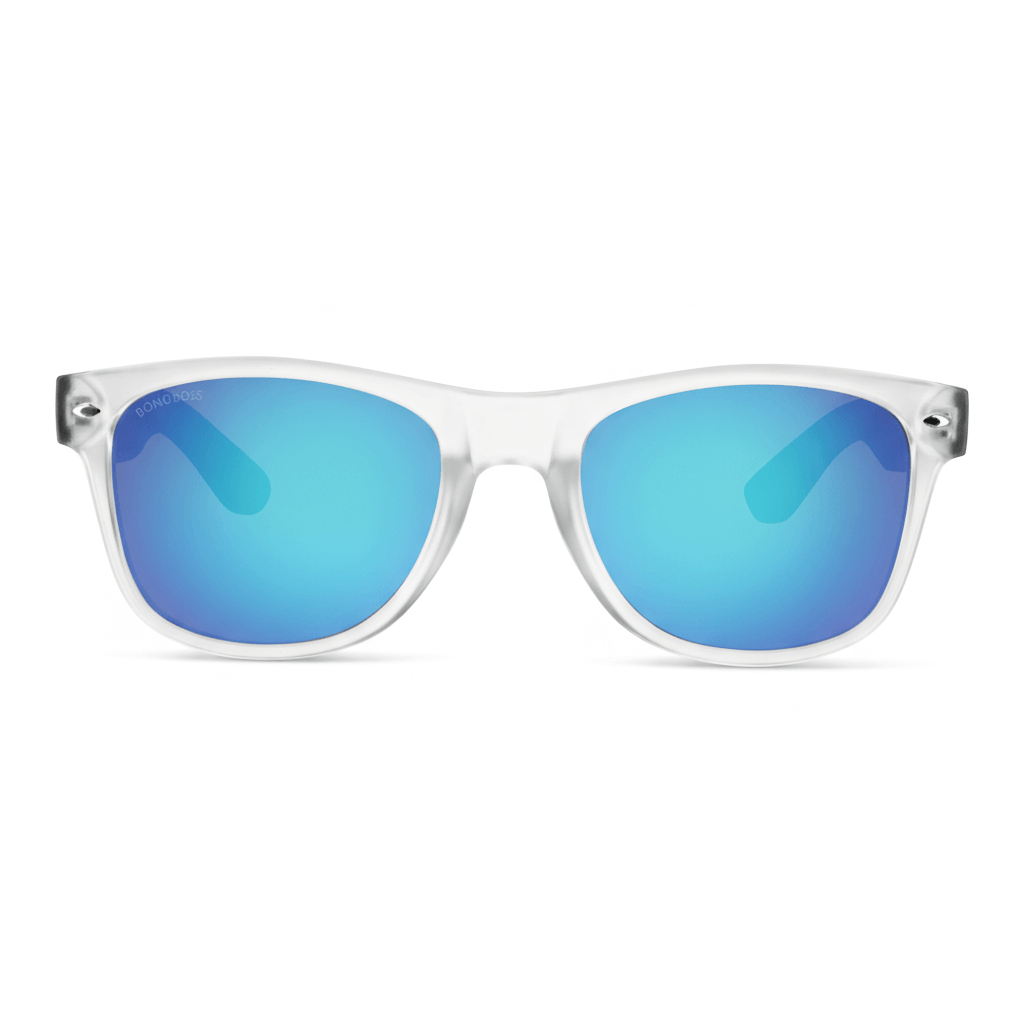 Sunglasses polarized recycled plastic corporate gift clear and cristales mirroreds front view with color lenses blue Bonoboss #color_transparente