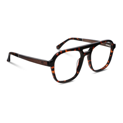 anteojos opticos para hombre y mujer diseño aviador color carey con patas de madera reciclada sustentable vista lateral. Mayorista de opticas y distribuidor por mayor#color_carey