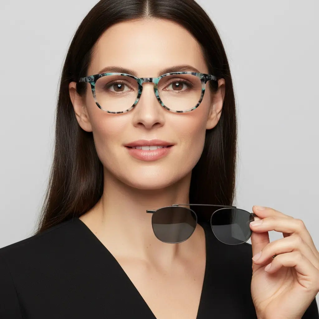 una mujer de cara redonda usando armazones opticos de color verde con un clip de sol polarizado metalico #color_camo