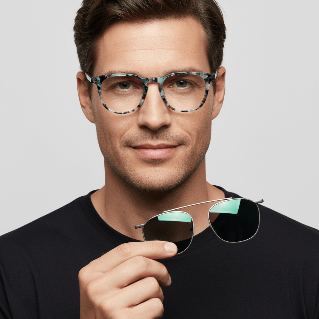 Un men cara ovalada wearing frames optical green with a sun clip-on polarized metalico Bonoboss #color_camo