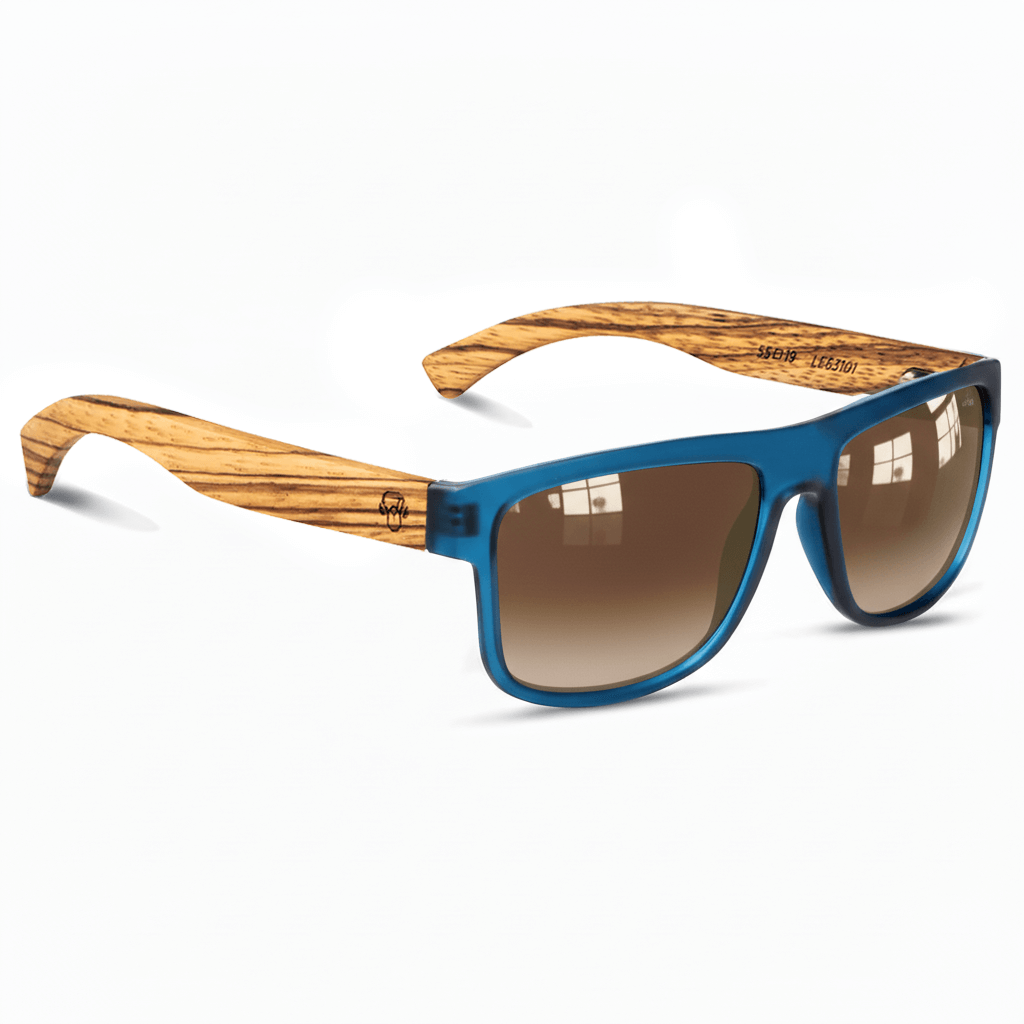 anteojos de sol polarizados de plastico reciclado rectangulares para hombre y mujer con pata de madera de zebrano y marco de color azul cristales espejados vista angulada #color-marco_ocean