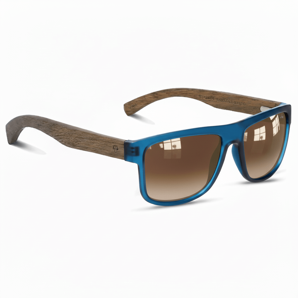 Eyeglasses gafa sun polarized sustainable eco-friendly recycled plastic bonoboss modelo aukan ocean blue with lenses polarized color gradient flash mirrored corporate gift ecologico moda foto angled #color_ocean