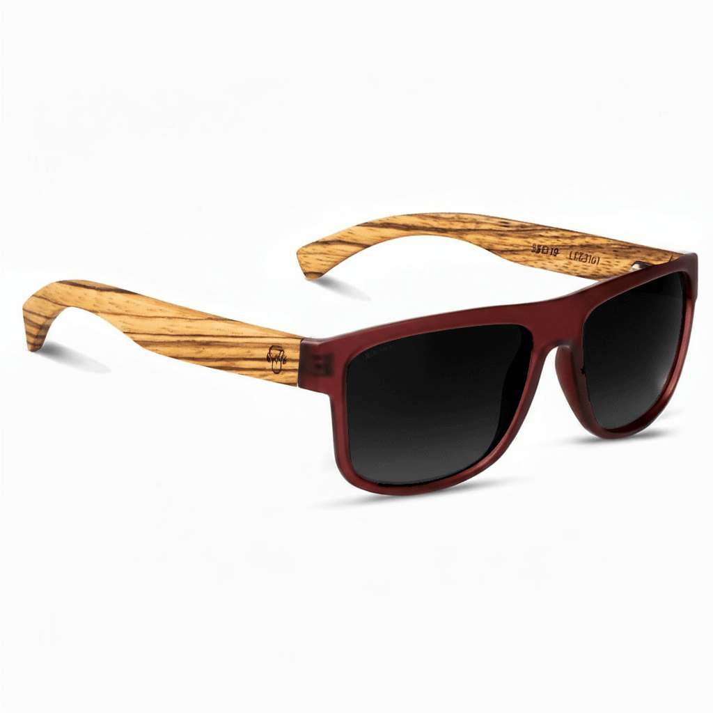 Sunglasses polarized recycled plastic rectangular for men and women with wooden temple zebrawood and marco red cristales black angled view Bonoboss #color_wine