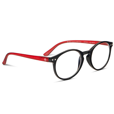 vista angulada o lateral de anteojos de lectura para hombre y mujer de forma redonda y de color negro con patas o varillas de color rojo. 