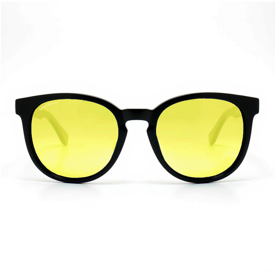 Eyeglasses round recycled plastic and wooden temples natural sustainable with color lenses amarillo polarized and forma redonda. Bonoboss #color_amarillo