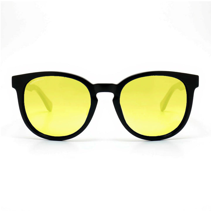 Eyeglasses round recycled plastic and wooden temples natural sustainable with color lenses amarillo polarized and forma redonda. Bonoboss #color_amarillo