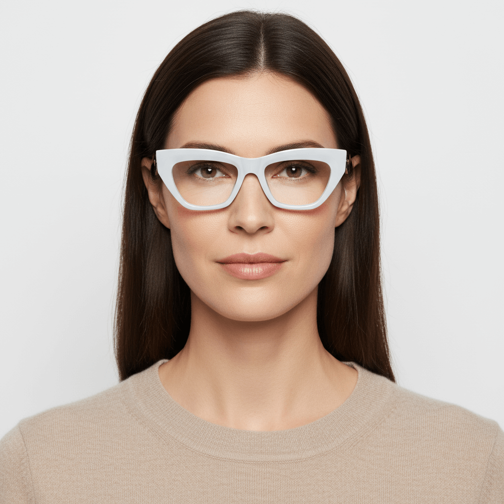 La front view a women cara ovalada and pelo castañado liso ondulado suelto wearing unos marcos frames optical bonoboss in sustainable acetate biodegradable and recycled de #color_blanco