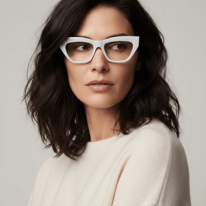 La front view a women cara ovalada and pelo black ondulado suelto wearing unos marcos frames optical bonoboss in sustainable acetate biodegradable and recycled de #color_blanco