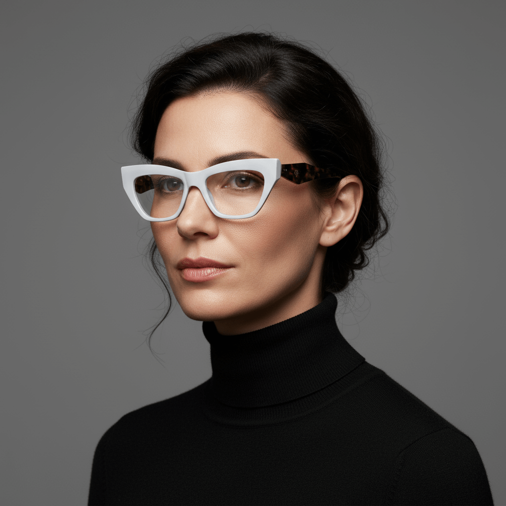 La side view a women cara ovalada and pelo black ondulado tomado wearing unos marcos frames optical bonoboss in sustainable acetate biodegradable and recycled de #color_blanco