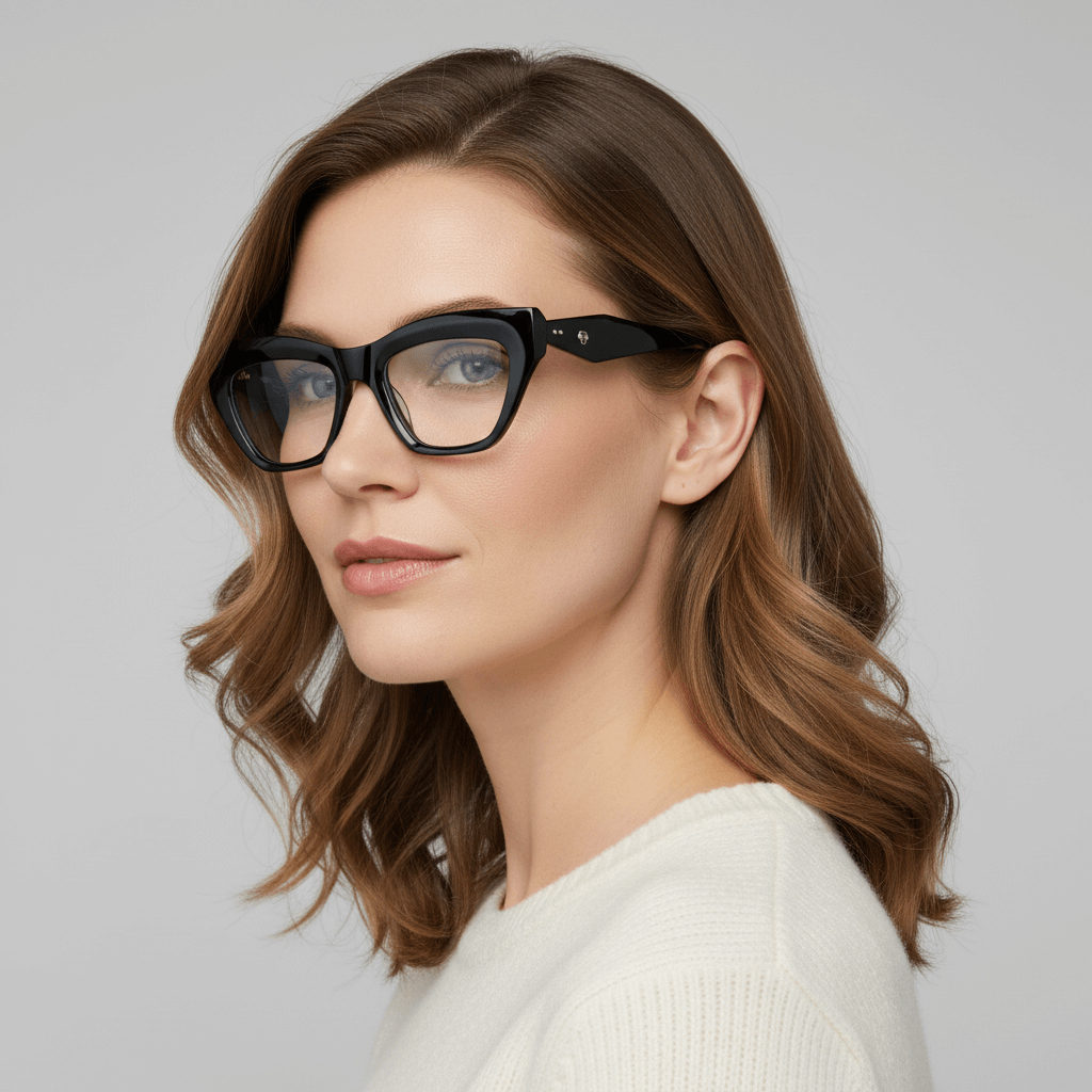 La side view a women cara ovalada and pelo colorin rojizo ondulado suelto wearing unos marcos frames optical bonoboss in sustainable acetate biodegradable and recycled de #color_negro