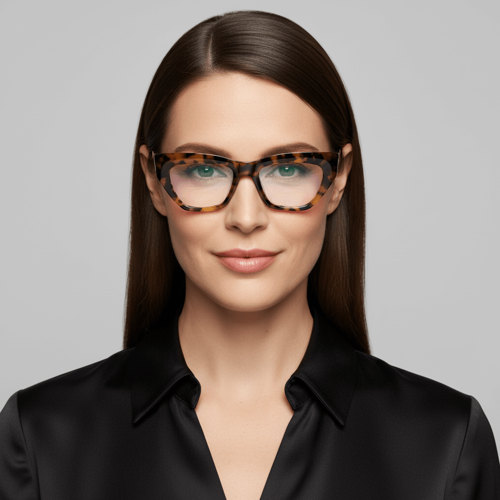 La front view a women cara ovalada and pelo castaño oscuro liso suelto wearing unos marcos frames optical bonoboss in sustainable acetate biodegradable and recycled de #color_carey